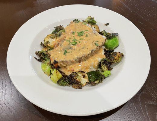 Blackened swordfish with sherry crab butter, Parmesan risotto and fried Brussels sprouts