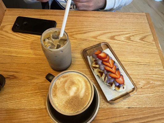 Ube cold brew, cappuccino and ube croffle