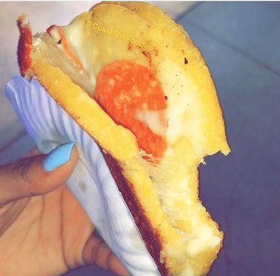 Arepa with cheese and pepperoni