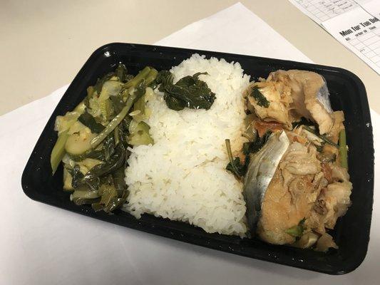 $2.99 lunch.  White rice with curry fish and mix vegetables.