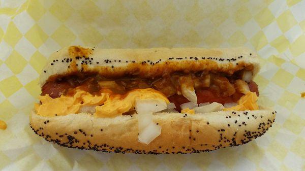 Chili, cheese & onion dog.