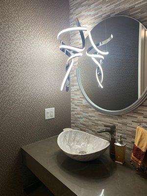 Powder Room Remodel - Floating Vanity w/ Vessel Sink, LED light and Textured Wallpaper