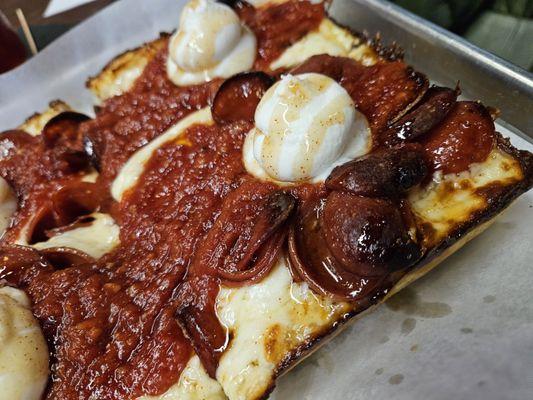 Detroit style pepperoni pizza