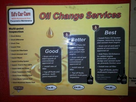 Oil change pricing and details of services performed.