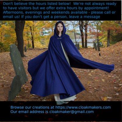 Woman in a blue cloak strides through the woods; call 978 486 4414 for an appointment outside listed hours!