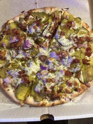 Dill pickle pizza add bacon and hamburger--it's got a kick!