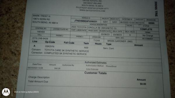 My 5000 mile oil change record. Which the service manager was never done. Your lying game is horrendous