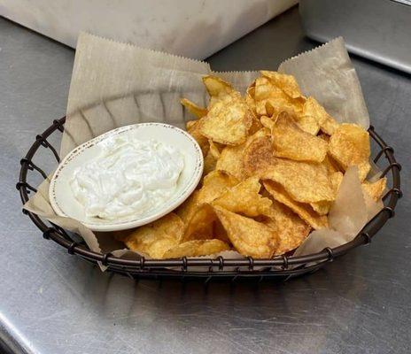 Homemade potato chips and dip