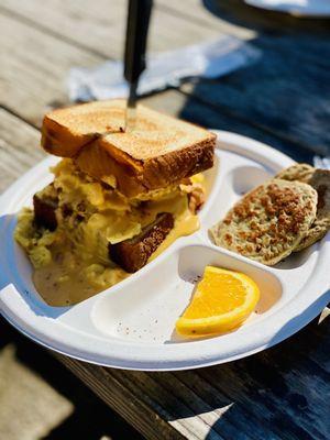 Grant's stack, minus the bacon, plus fluffy scrambled eggs. Turkey sausage side.