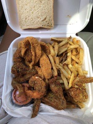 Chicken, 23. 2 Fish, 2 Jumbo Shrimp added two lemon pepper chicken wings, came with fries