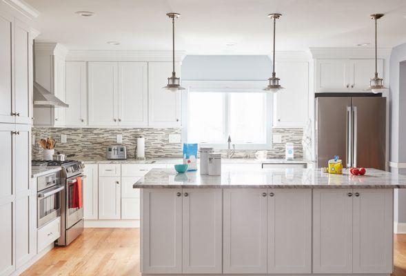 White shaker cabinets.