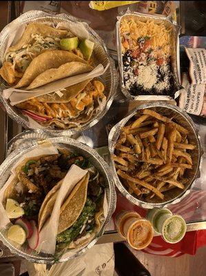 Camarones Taco, Carnitas Taco, Fried Fish Taco, BK Rice and Black Beans, Carne asada taco, Mexican Papas Fritas