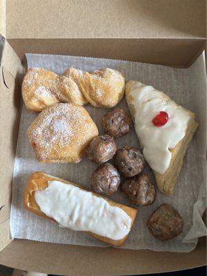 Sugar Twist, Iced Long John, Blueberry donut holes, Cherry Turnover && Sugar Jelly Filled