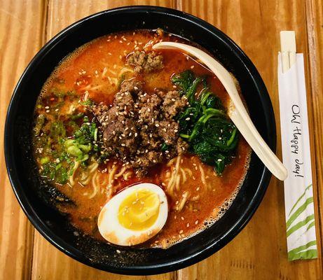 Tantanmen Ramen: Spicy Sesame Broth Topped w. Spicy Beef, Spinach, Ajitamia, Nori and Scallions