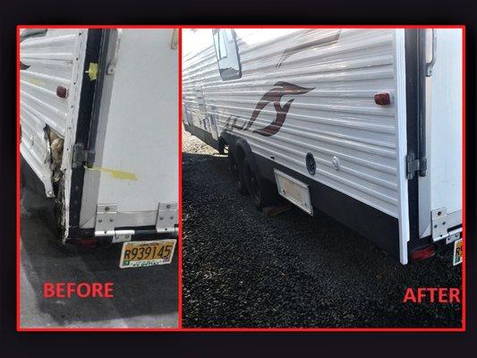 Replacing siding, skirt, moldings, decals and repair to the inner framework on a NRG Toy Hauler after getting rear ended.