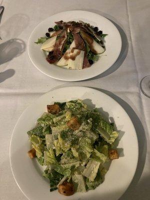 Arugula pear salad and Caesar salad