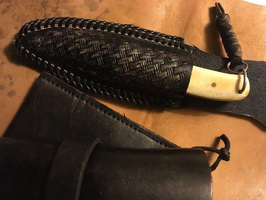 custom  made leather knife leather case. The edges were stitched together with leather and hand stamped