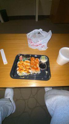 A15. Miso Soup, Godzilla Roll, Crunch Salmon Roll, R10. Spicy Tuna Roll