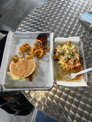 The Famous Texan Burger, And the Buffalo Chicken Loaded baked potato with extra mozzarella.