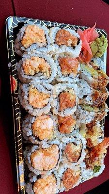 Crunchy Spicy Shrimp, Crunchy Spicy Salmon Roll, and Shrimp Tempura