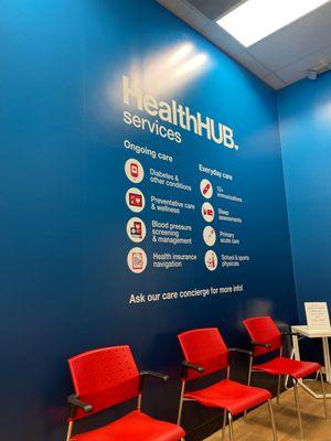 Health hub services, waiting area at the back of the CVS. This is a separate entity within CVS