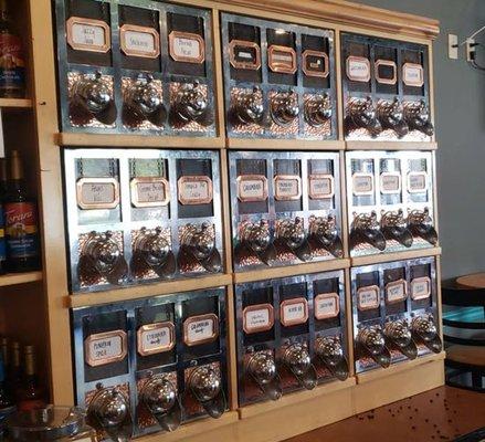 Here at Dakota, we have a big selection of coffee beans. We also have flavored beans. We roast and flavor all our beans.