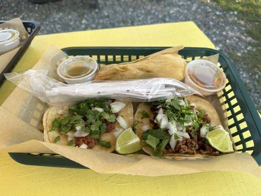 Chorizo and carne asada tacos. Tamale in back