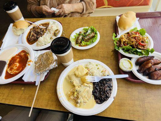 Mixed pork plate top right, Cream chicken thighs below, Elote corn drink center