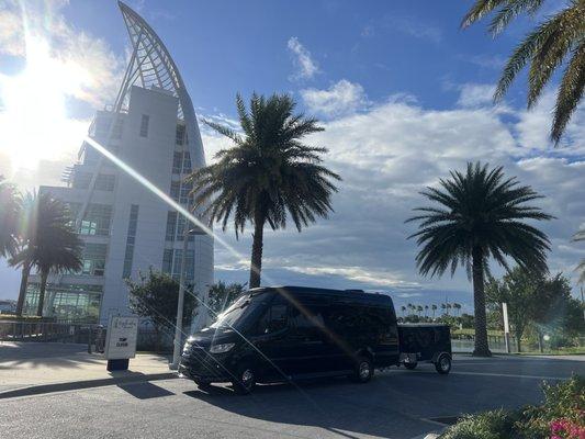 12 passenger Sprinter limousine with matching luggage trailer for up to 32 suitcases at Port Canaveral.