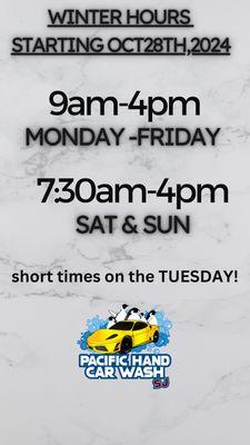 Starting Oct 28th,2024 we are going to winter hours 
9am-4pm Monday -Friday 7:30am-4pm on Sat & Sun