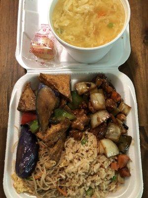 Half fried rice, half rice noodle, eggplant tofu and kang pao chicken with egg drop soup and fortune cookie