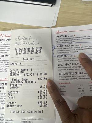 The printed receipt at the new location vs the menu from the other location. Prices slightly higher.