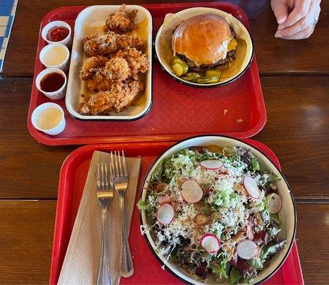 Salad, Tinman burger and Buttermilk Fried Chicken