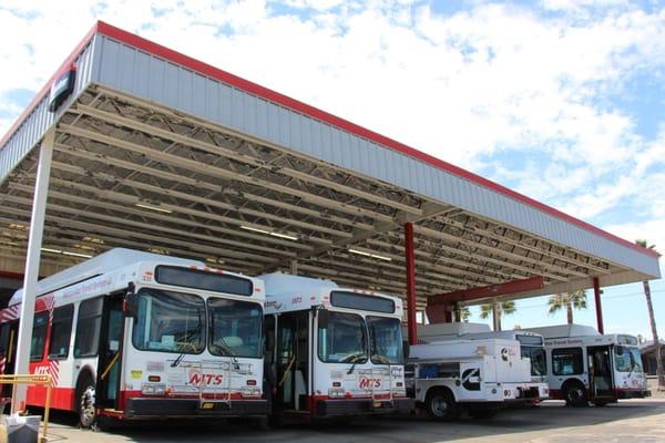 Buses awaiting service in our service bay