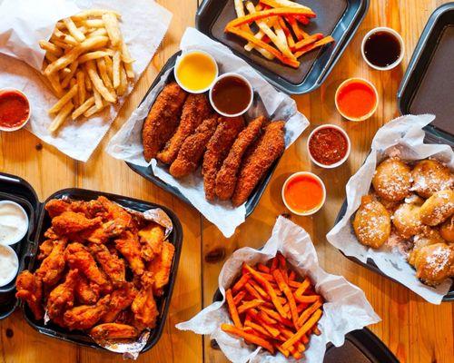 20 Pcs Wings Your Choice Of Side And Dipping Sauce, 10 Pcs Freshly Hand Breaded Chicken Breast Tenders, cajun fries