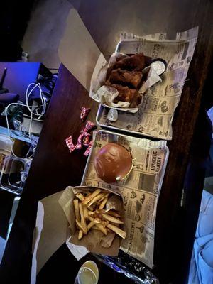 Burger fries and fish n chips