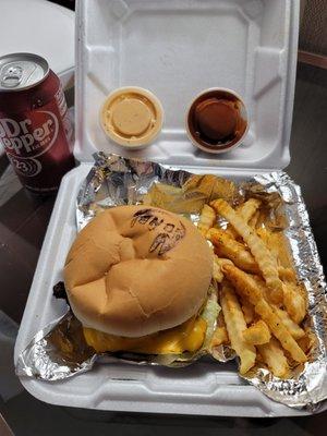 Big Burger meal with bacon, house sauce and BBQ sauce. Dr Pepper on the side. Notice the smaller amount of fries versus other pictures...