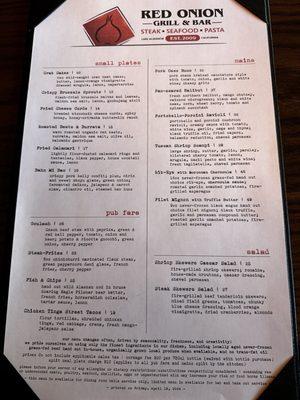 Dinner menu