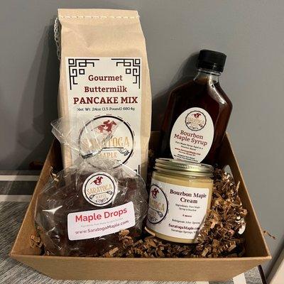 Bourbon Gift Basket featuring Gourmet Pancake Mix, Bourbon Maple Syrup, Maple Hard Candy, and Bourbon Maple Cream from Saratoga Maple.