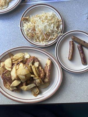 Fresh Apple French Toast, Hashbrowns, and Sausage links