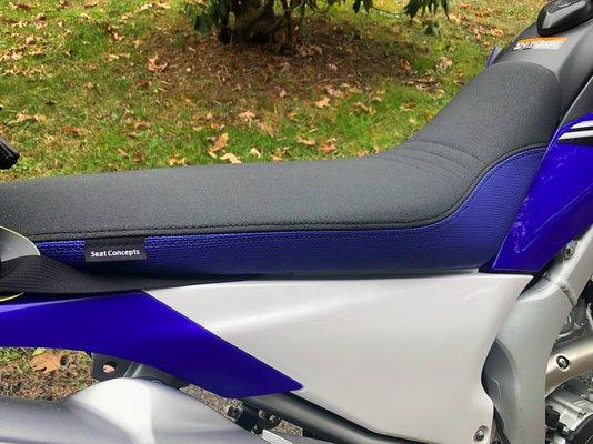 Notice how the seat colors match the original colors of the bike. Seat is high quality!