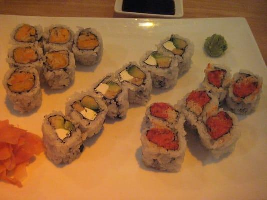 left to right - sweet potato roll, philadelphia roll, and spicy tuna roll