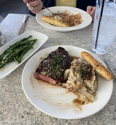 Farfalle with Herb Crusted Chicken w Rosa Sauce 12oz New York Strip Steak