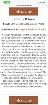 DUI refusal- DMV set aside and reinstatement of driver's license. Client avoided a one year hard suspension.