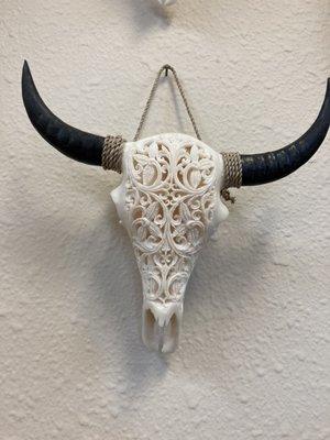 Carved resin bull skull