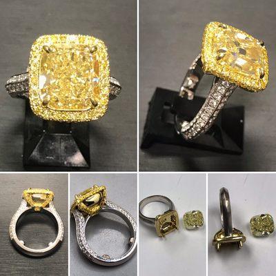 Here is a Custom Fancy Yellow 7.35 Carat  Cushion Ring We just finished.