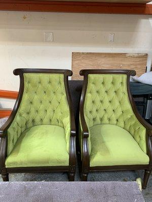 UPHOLSTERY two green tufted chairs