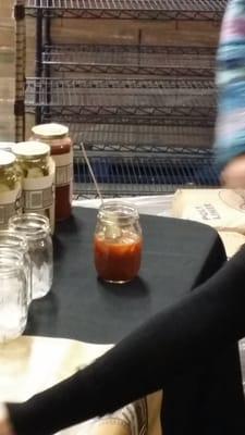 Sampling the wonderfully spicy bloody mary mix