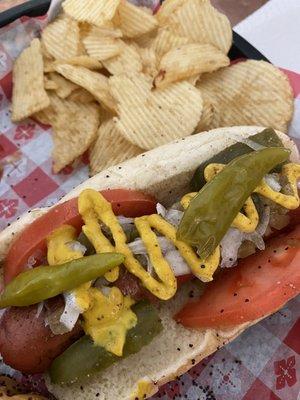 Chicago Style Hot Dog -2 Dogs, chips, and a beer $7!