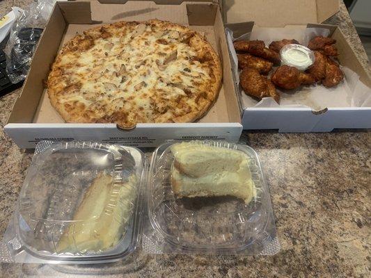 BBQ chicken pizza mild wings lemoncello cake